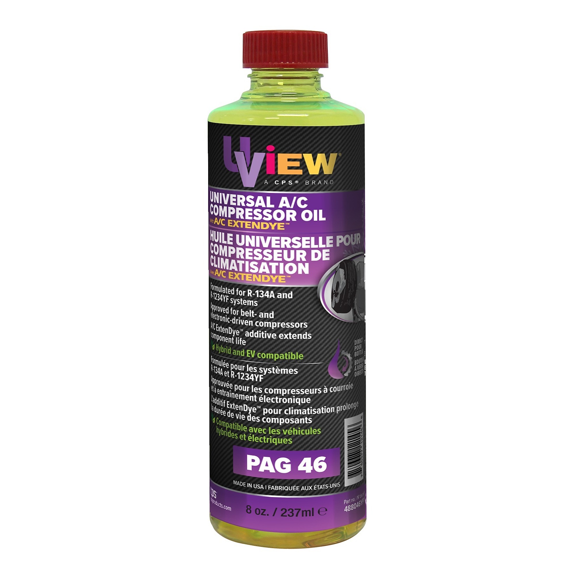 UView Universal PAG 46 A/C Oil with A/C ExtenDye — 8 Oz. Bottle, Compatible with R-134A and R-1234YF, Model# 488046YFPD - 12 per case